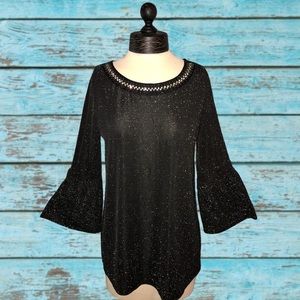 💜2/$12 Shimmery Black Beaded Top w/ Bell Sleeve